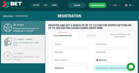 Screenshot of the 22bet bonus promotion