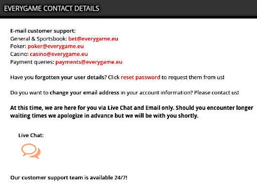 Screenshot of the Everygame customer support page