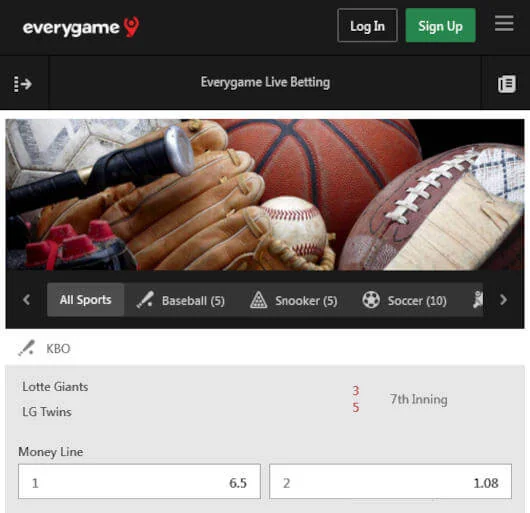 Screenshot of the Everygame live in-play page