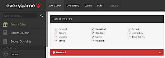 Screenshot of the Everygame sportsbook