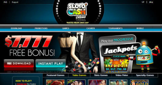 Screenshot of the Sloto Cash Casino bonuses and promotions page