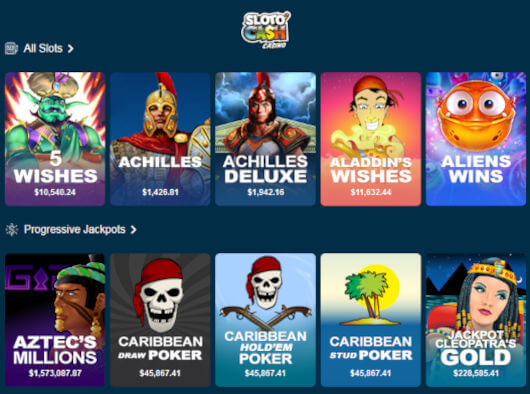 Screenshot of the Sloto Cash games page