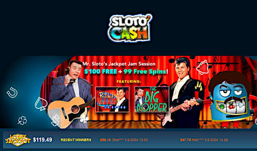 Screenshot of the Sloto Cash Casino login and homepage